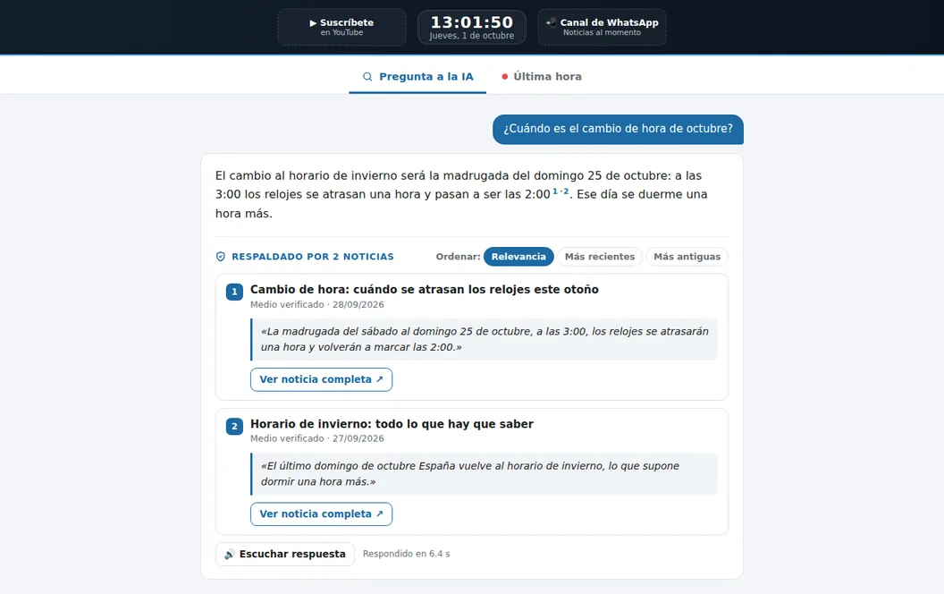 La app FueradeTV IA respondiendo a una pregunta con dos noticias como prueba